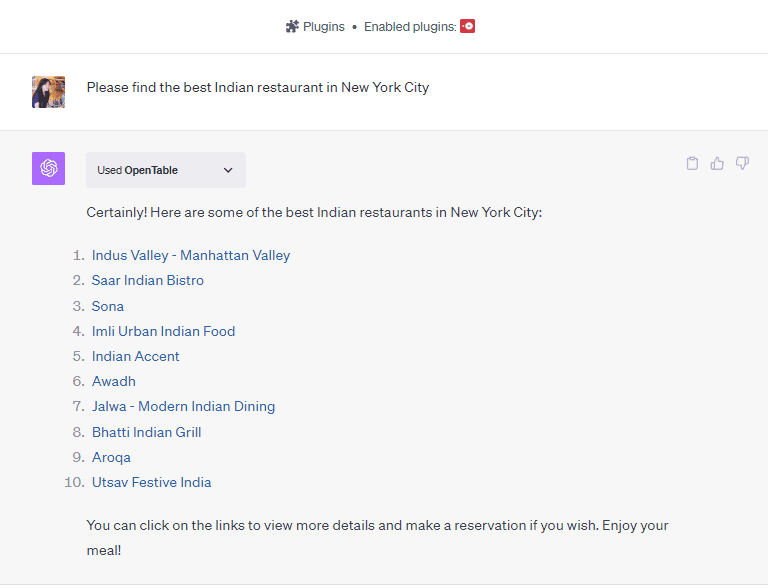 OpenTable ChatGPT plugin