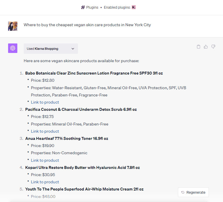 Klarna ChatGPT plugin