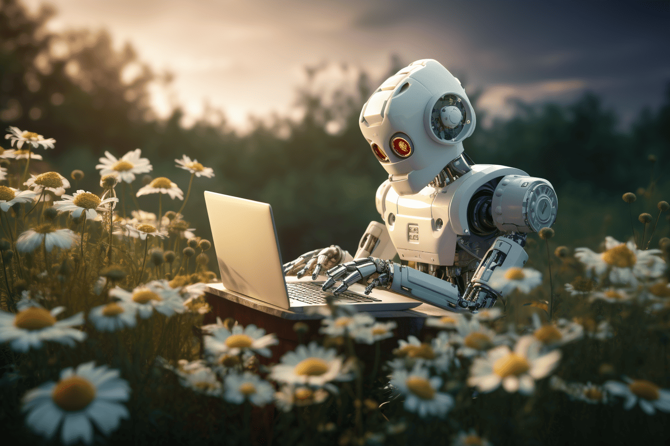 a robot typing on a laptop surrounded in a field of flowers