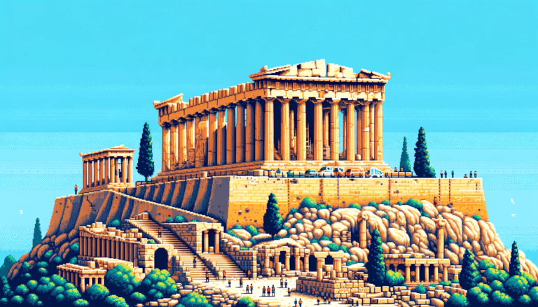 Acropolis ancient ruins in 8bit made with DALL-E 3