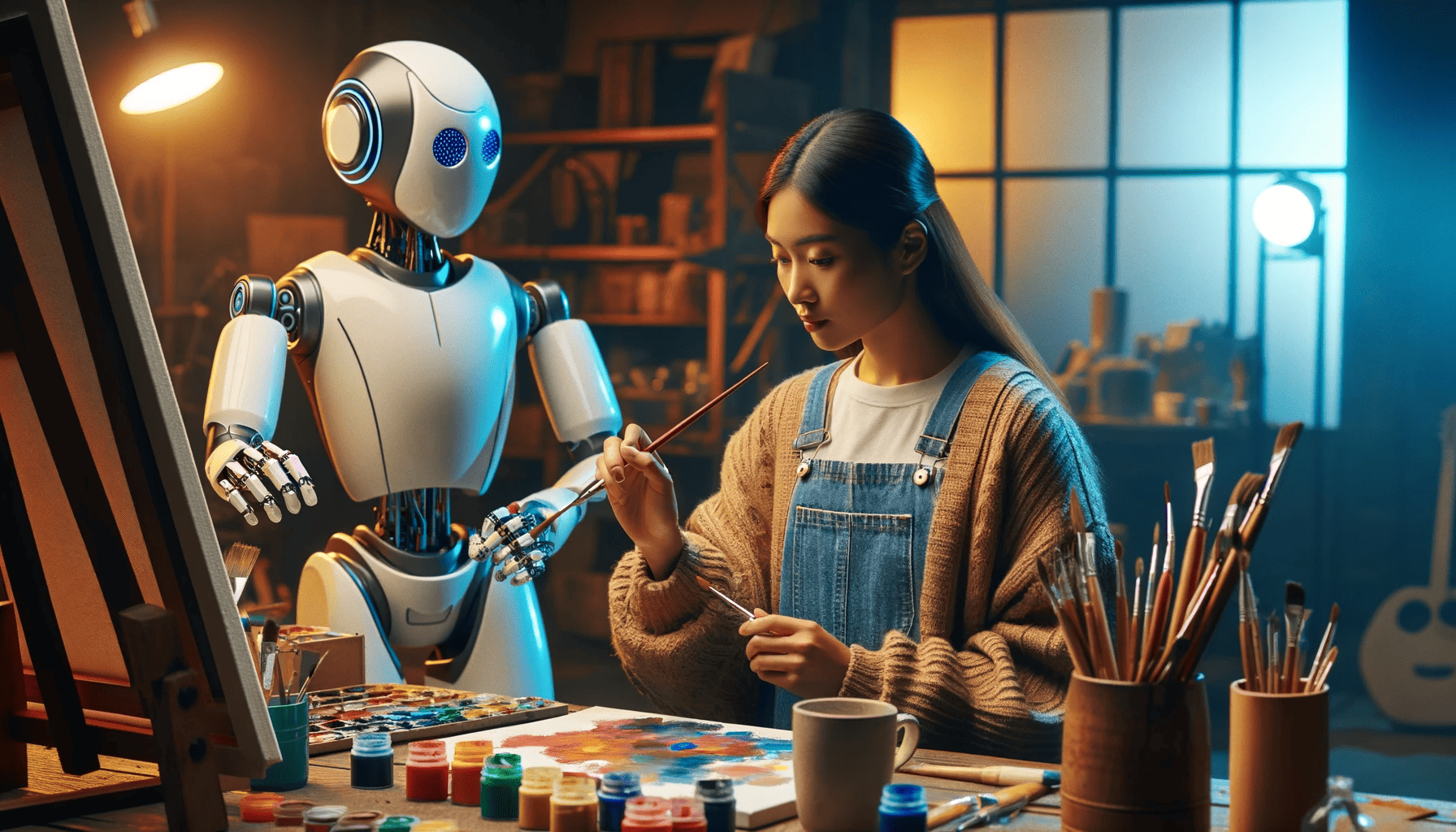 A human and robot painting next to each other as wide art, made with DALL-E 3