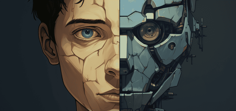 Human vs Robot Face Side by Side, made with DALL-E 3