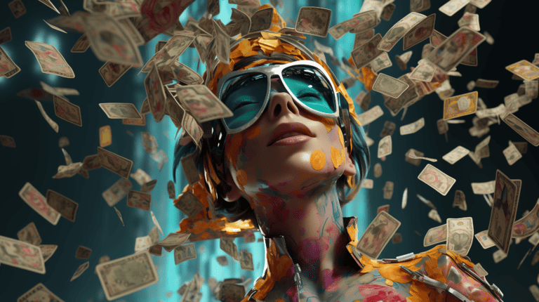 a painter cyborg in the middle of a money rain, generated with Midjourney
