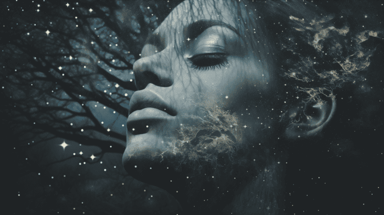 a portrait of a woman superimposed against the universe, generated with AI