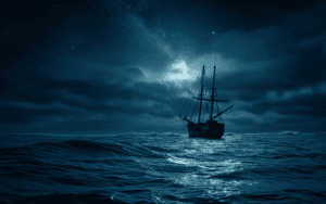 A lone ship in the middle of the ocean, generated with Midjourney