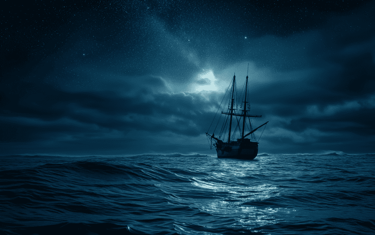 A lone ship in the middle of the ocean, generated with Midjourney