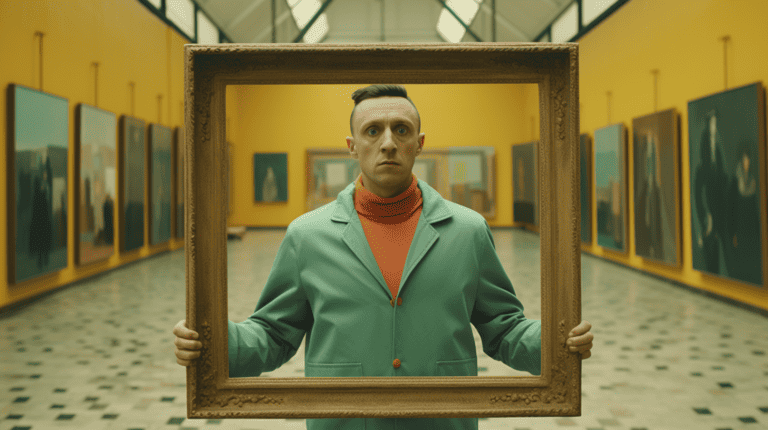 a painter making himself into a logo, generated with Midjourney