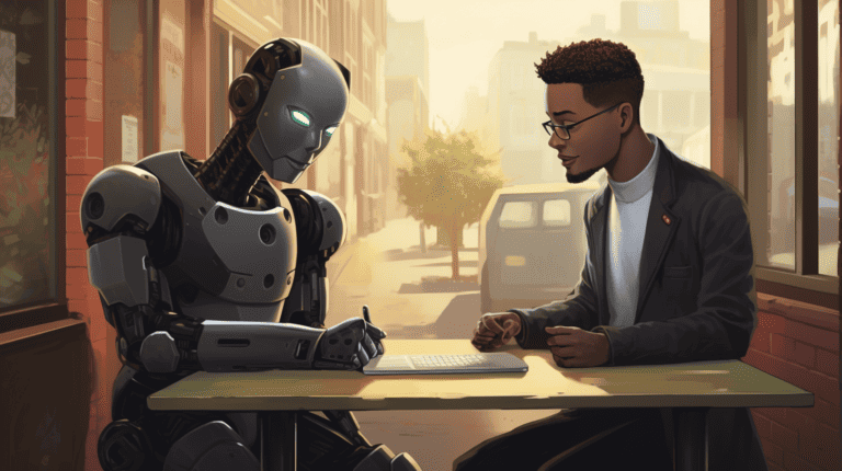 a robot writing for a person, generated with Midjourney