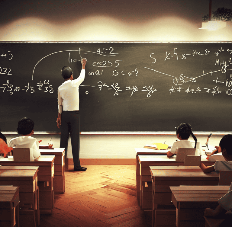 a teacher writing on a chalkboard in a school classroom, 4k digital art