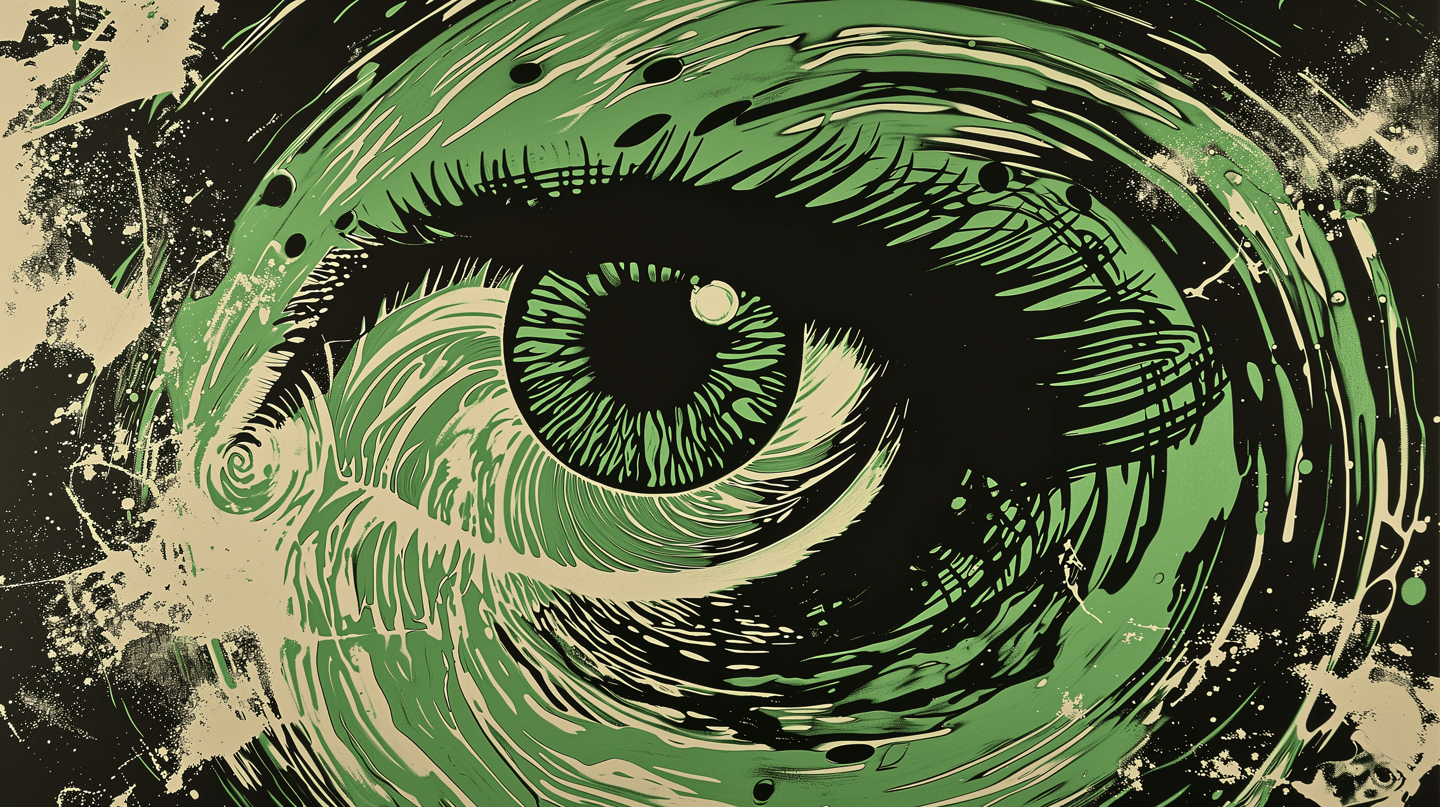 A green eye (symbolizing OpenAI) visualizing its own universe, generated with Midjourney