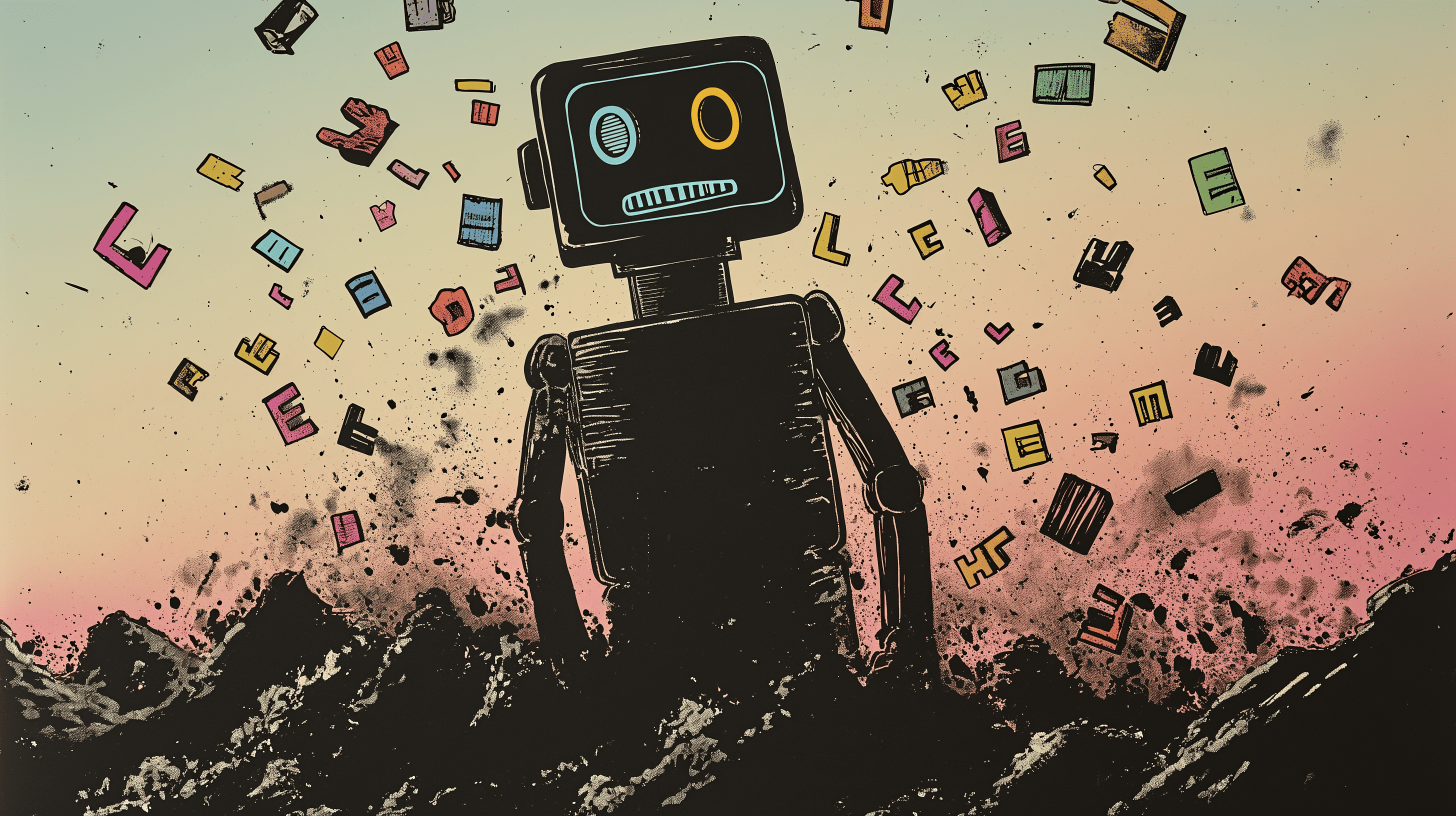 An artificial intelligence rearranging mountains of words, generated with Midjourney
