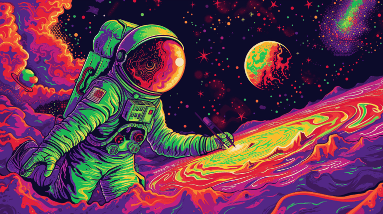 An astronaut in a green suit painting the universe, generated with Midjourney