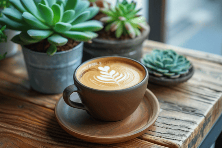 A dslr photograph of a cup of cappuccino on a wooden table with succulent plants, made with Midjourney