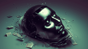 A humanized robot turning into a puddle of documents, generated with Midjourney