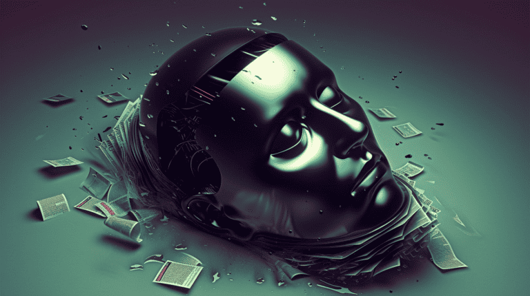 A humanized robot turning into a puddle of documents, generated with Midjourney