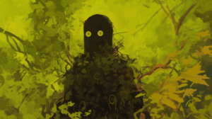 A robot using a camouflage, generated with Midjourney