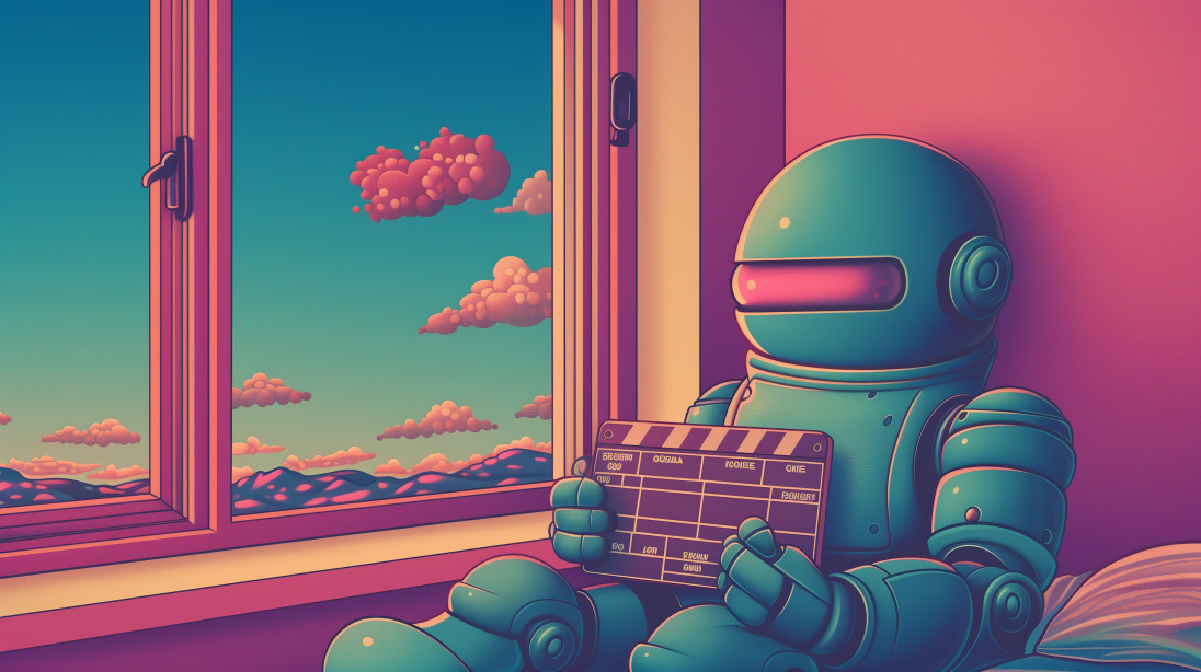 A robot with a clapperboard, generated with Midjourney