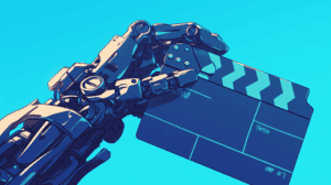 A machine using a clapperboard for filming, generated with Midjourney