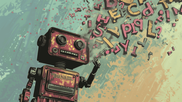 A robot manipulating words, generated with Midjourney