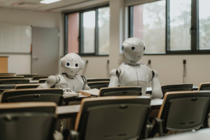 A robot in a classroom, made with Midjourney