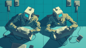 Two robots typing on a laptop, generated with Midjourney