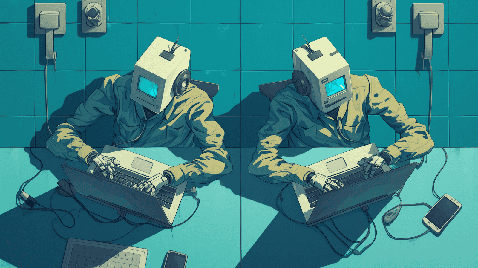 Two robots typing on a laptop, generated with Midjourney