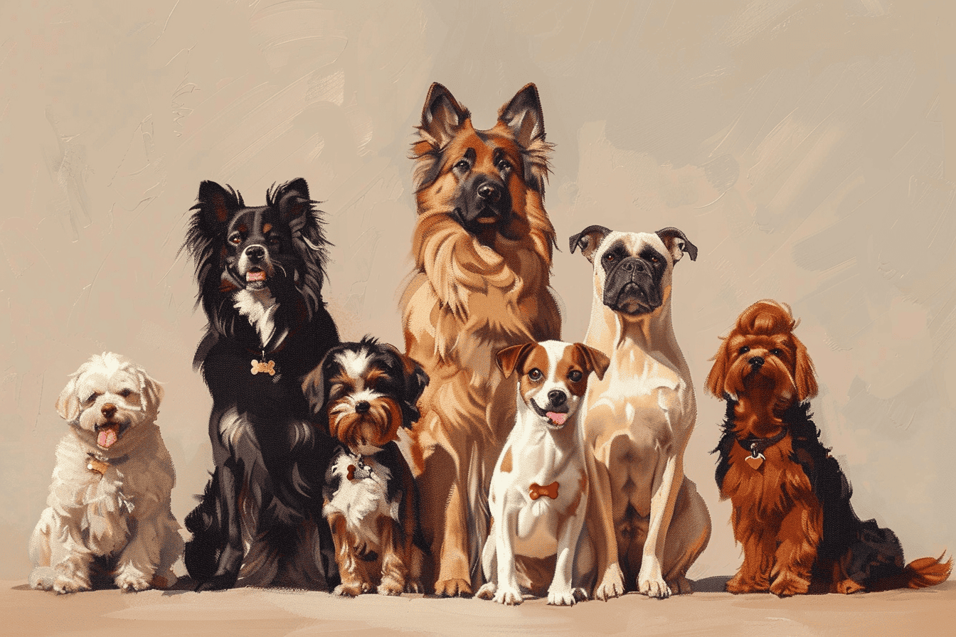 a painterly portrait of dogs with different breeds and sizes, made with Midjourney