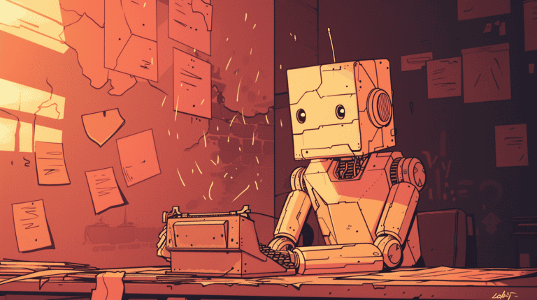 A robot with his typewriter, generated with Midjourney