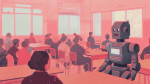 A robot masquerading as a student, generated with Midjourney