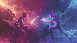 Two artificial intelligences fighting each other, generated with Midjourney Niji