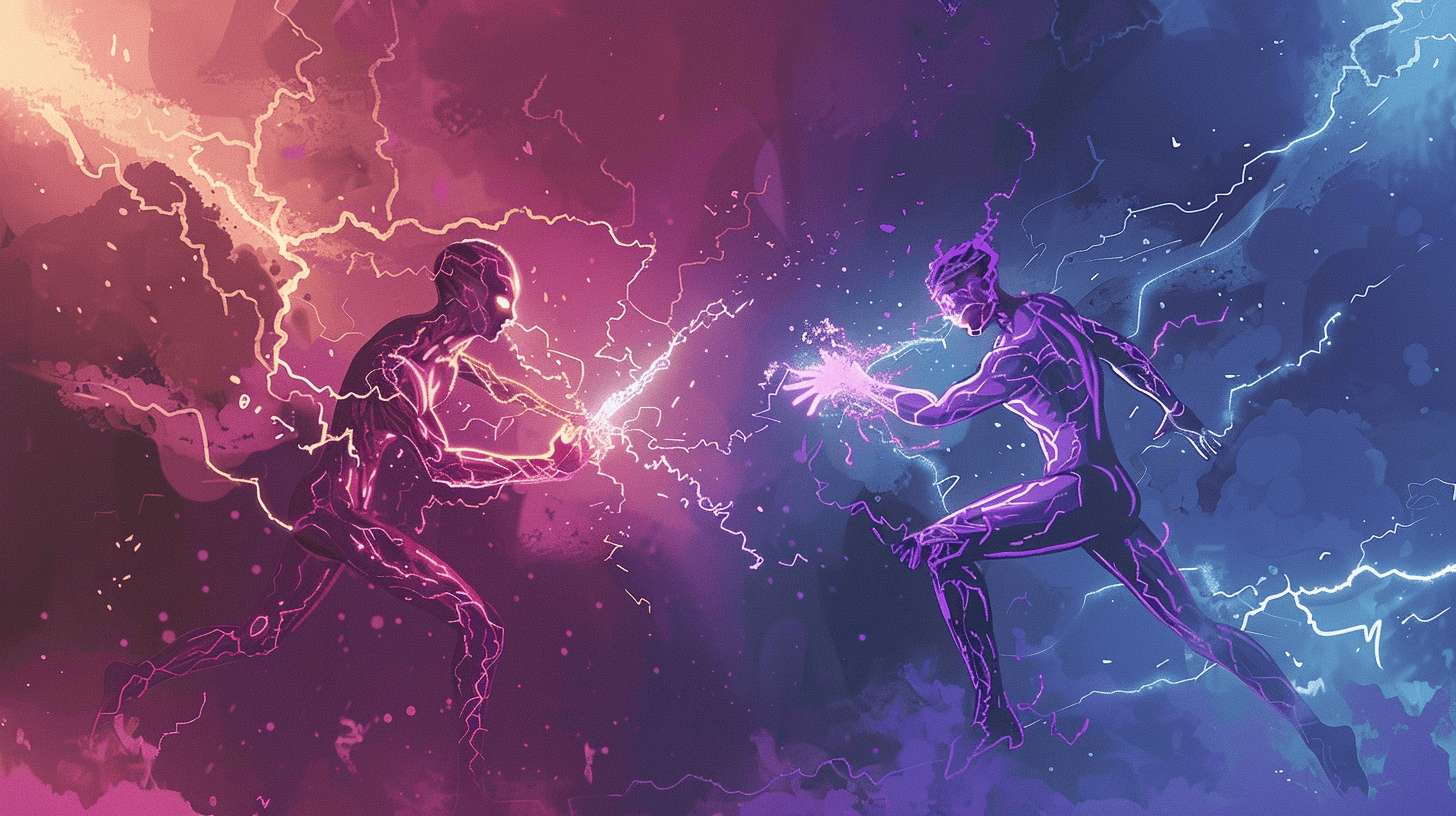 Two artificial intelligences fighting each other, generated with Midjourney Niji