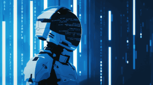 A robot policing code misuse, generated with Midjourney