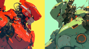 A red robot (symbolizing Adobe Firefly) against a green robot (symbolizing DALL-E 3), generated with Midjourney