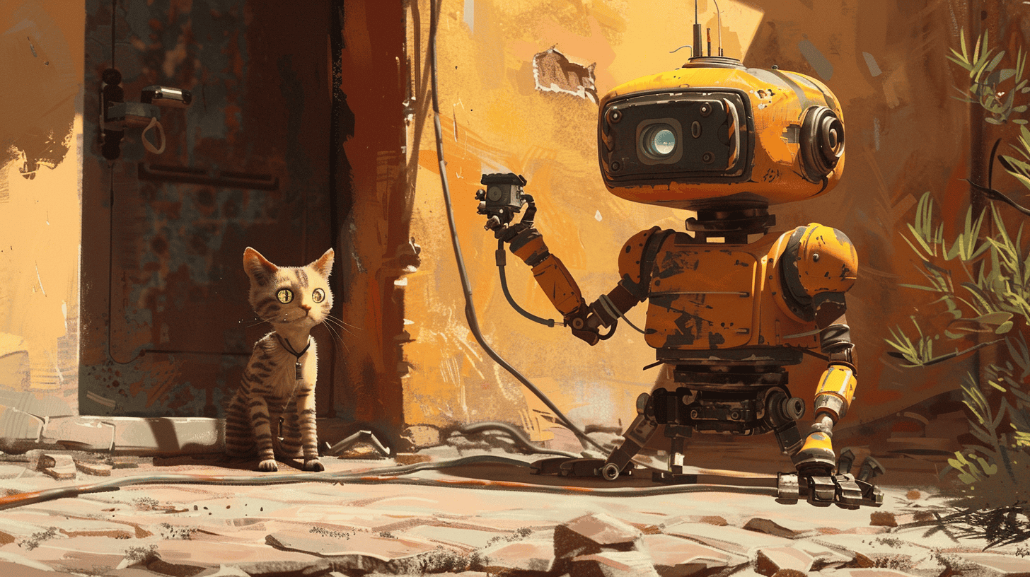 A robot filming a cat, generated with Midjourney