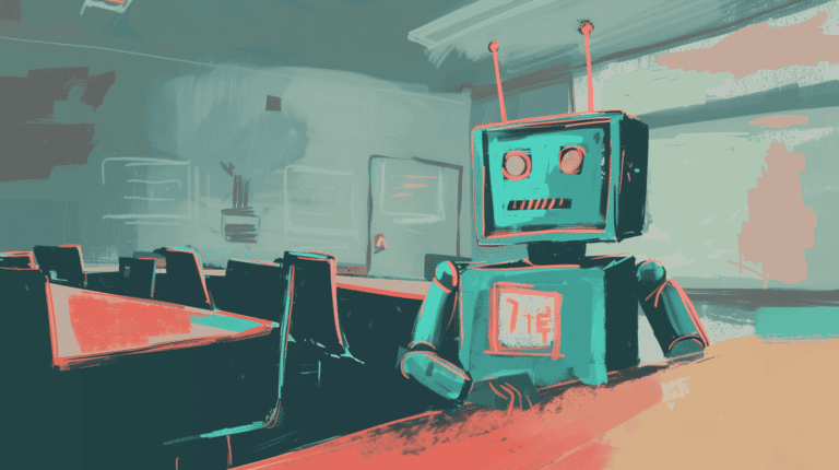 A robot in a classroom, generated with Midjourney