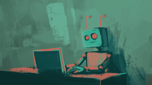 A robot in a remote learning setup, generated with Midjourney