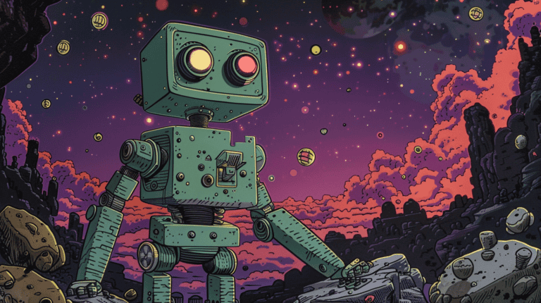 A green robot (symbolizing OpenAI) designing the universe, generated with Midjourney
