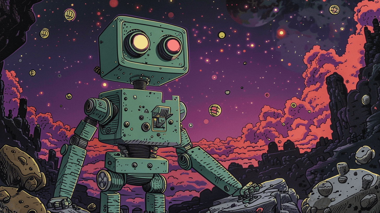 A green robot (symbolizing OpenAI) designing the universe, generated with Midjourney