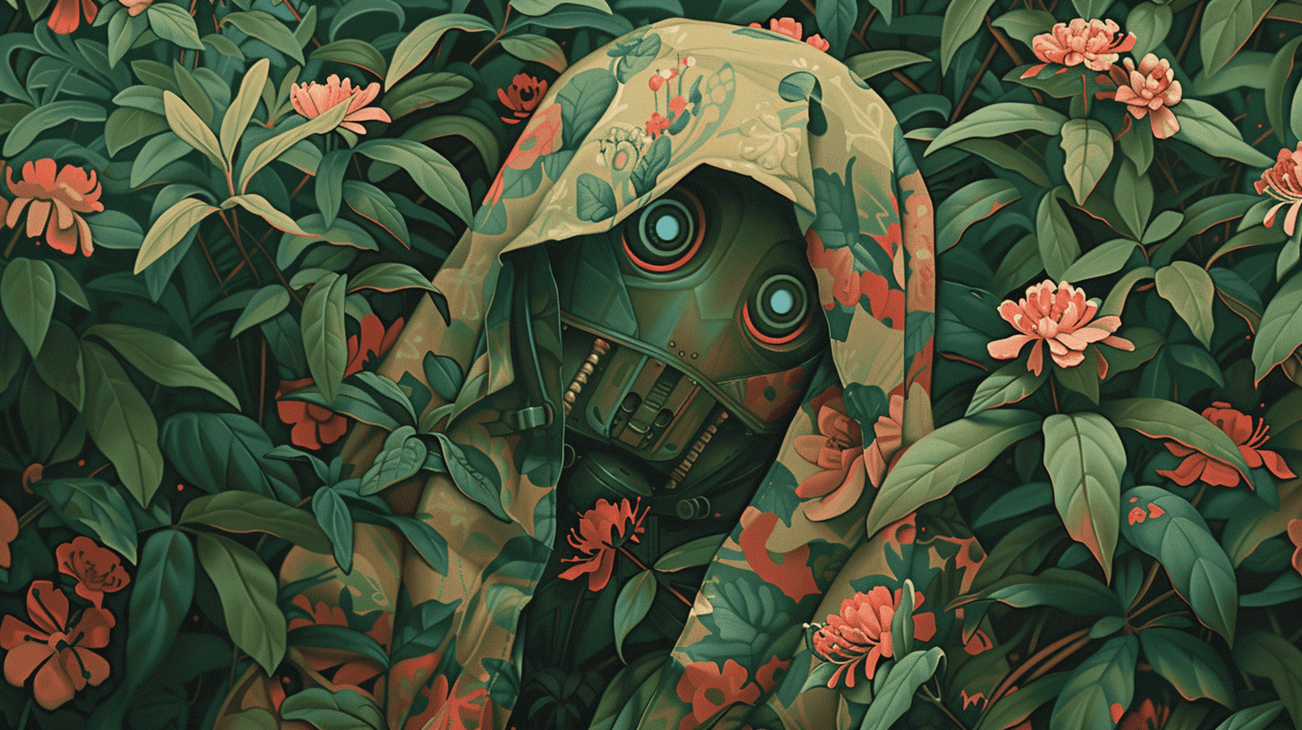 A robot in camouflage, generated with Midjourney