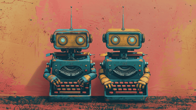 Two robot typewriters, generated with Midjourney
