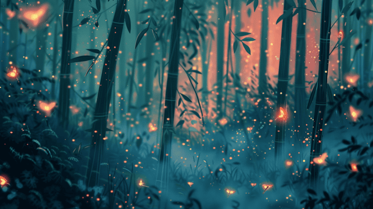 Fireflies in a forest, generated with Midjourney