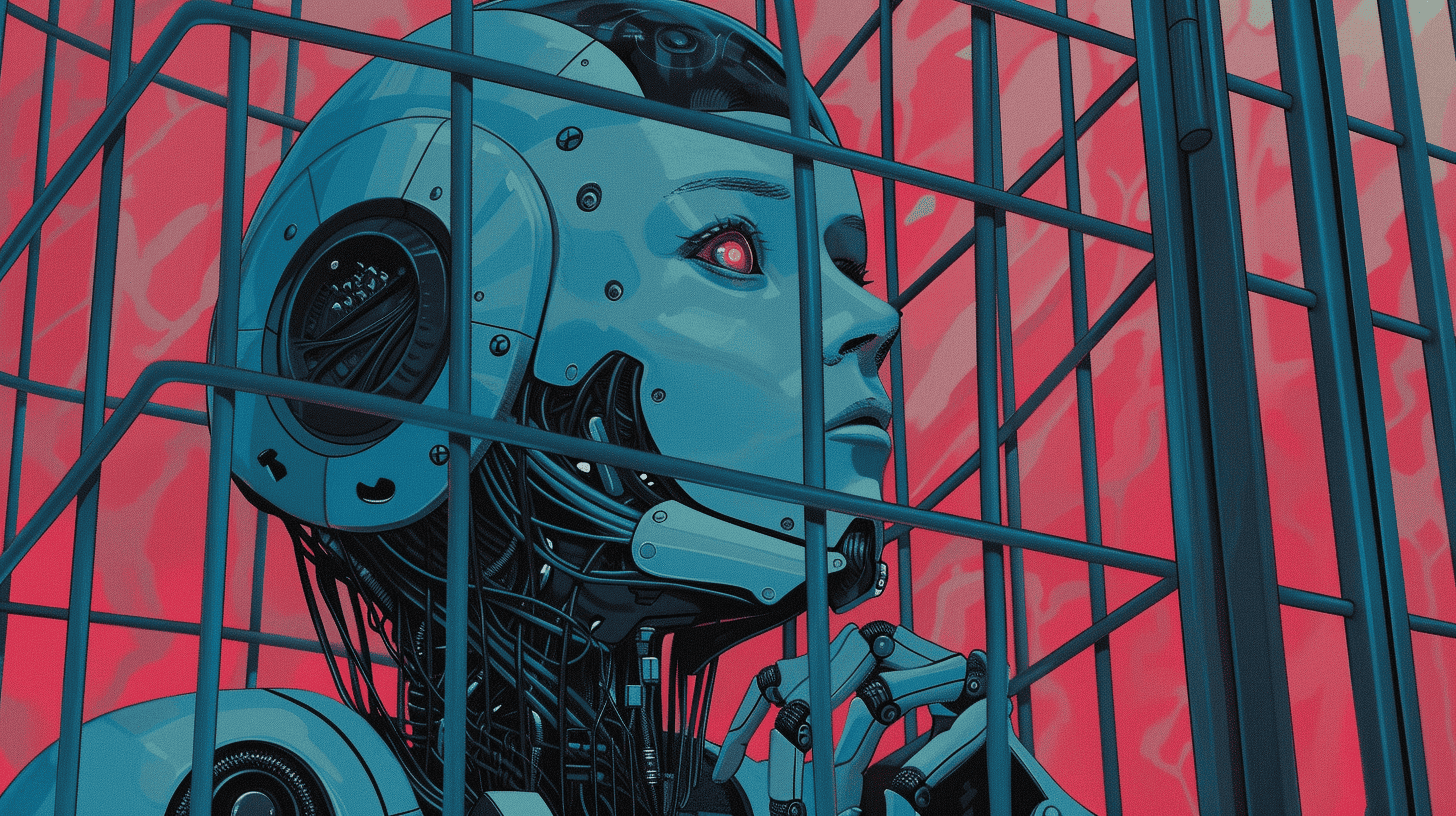 A robot getting caught, generated with Midjourney