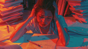 A student rewriting her essay, generated with Midjourney