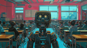 A robot in a human classroom, generated with Midjourney