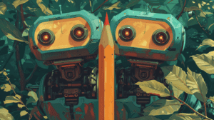 Two robots using a pencil, generated with Midjourney