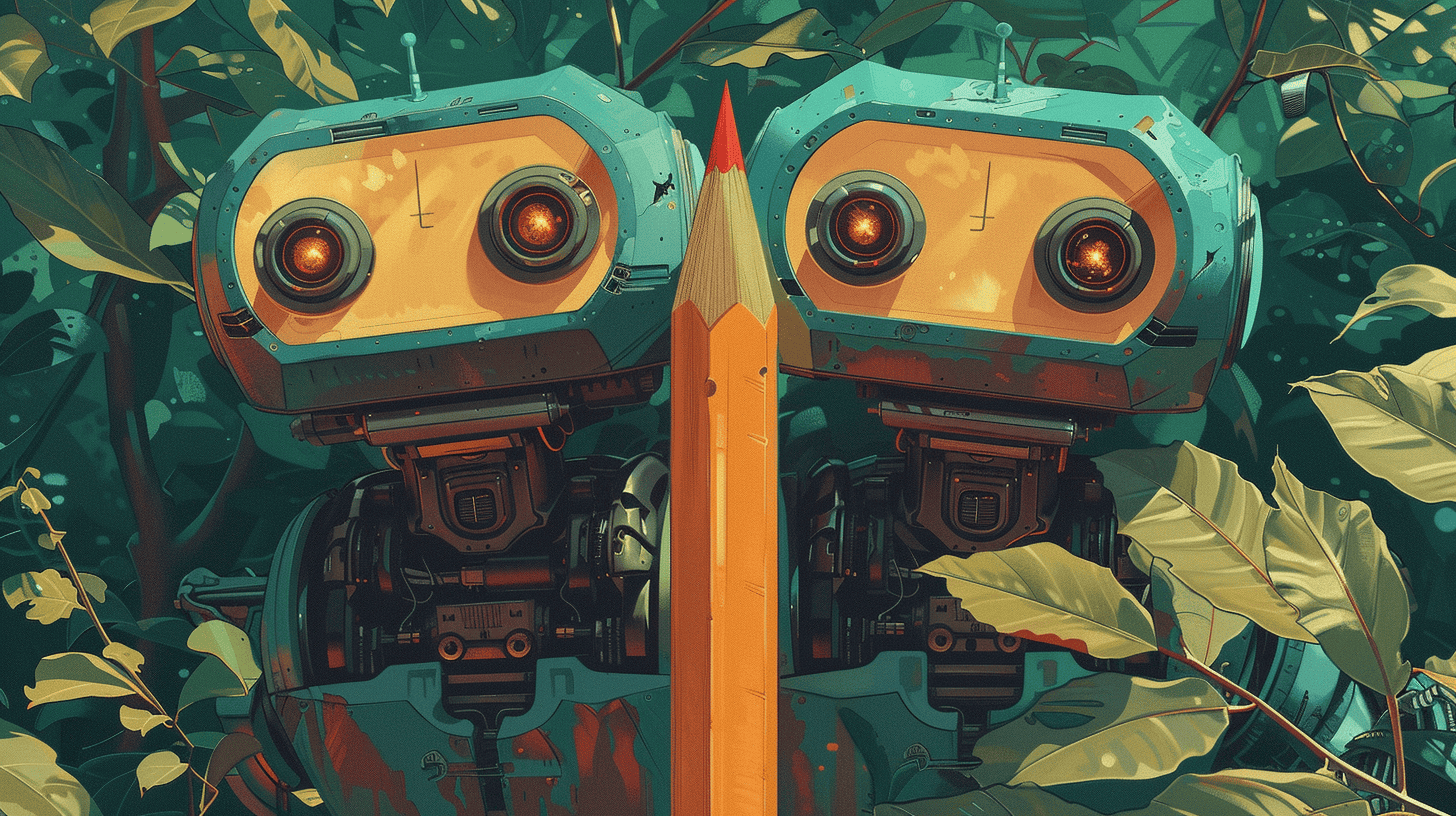 Two robots using a pencil, generated with Midjourney