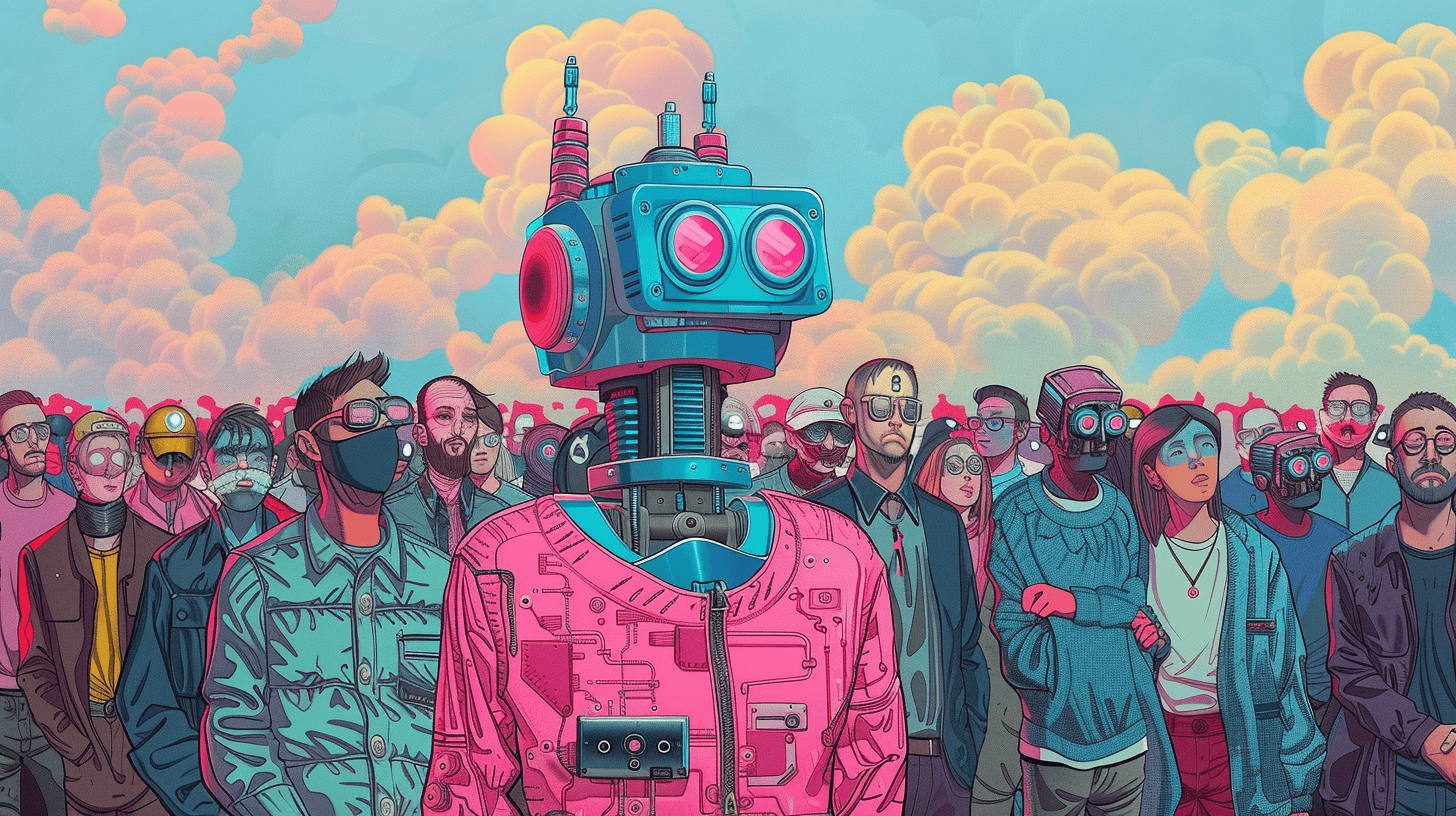 A robot trying to blend in with humans, generated with Midjourney