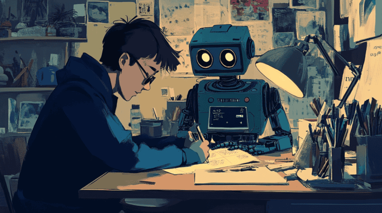 A robot helping a human do his assignment, generated with Midjourney