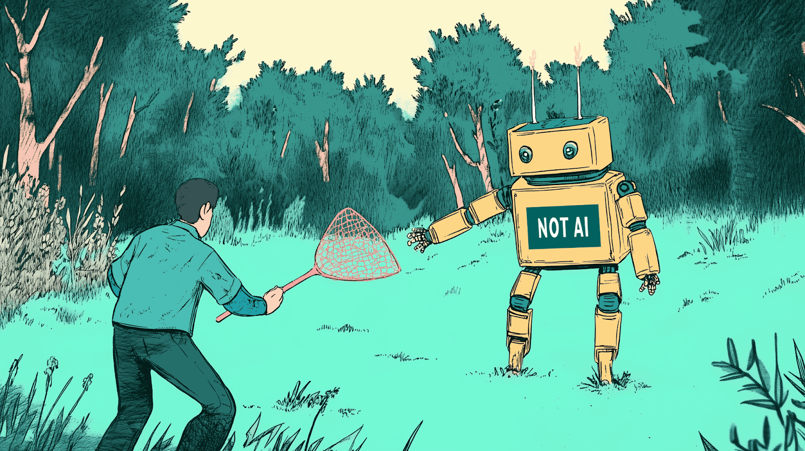 A human trying to catch a robot, generated with Midjourney