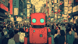 A robot trying to blend in with humans, generated with Midjourney